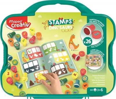 Nyomdázó készlet, foglalkoztató füzettel, bőröndben, dínó, MAPED CREATIV "Stamps"