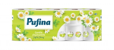 Toalettpapír, 3 rétegű, kistekercses, 10 tekercs, PUFINA "Chamomile", kamilla illattal