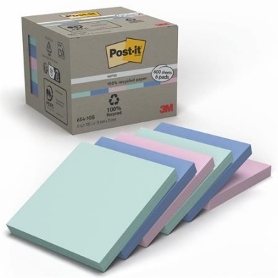 Öntapadó jegyzettömb, 76x76 mm, 6x100 lap, környezetbarát, 3M POSTIT "Nature", vegyes pasztell színek